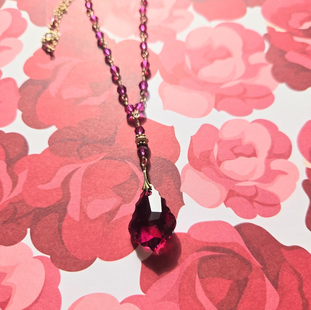 Bridgerton Magenta Valentines Swarovski Crystal 18k Gold Filled Rosary Necklace